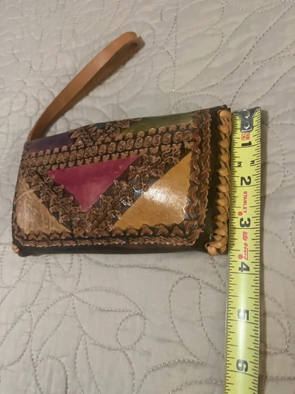 Handcrafted Multicolor Patchwork Pattern Tooled Leather Wristlet Clutch